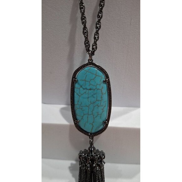 EUC Kendra Scott Rayne Long Pendant Necklace With Turquoise Stone & Tassel - Picture 4 of 9
